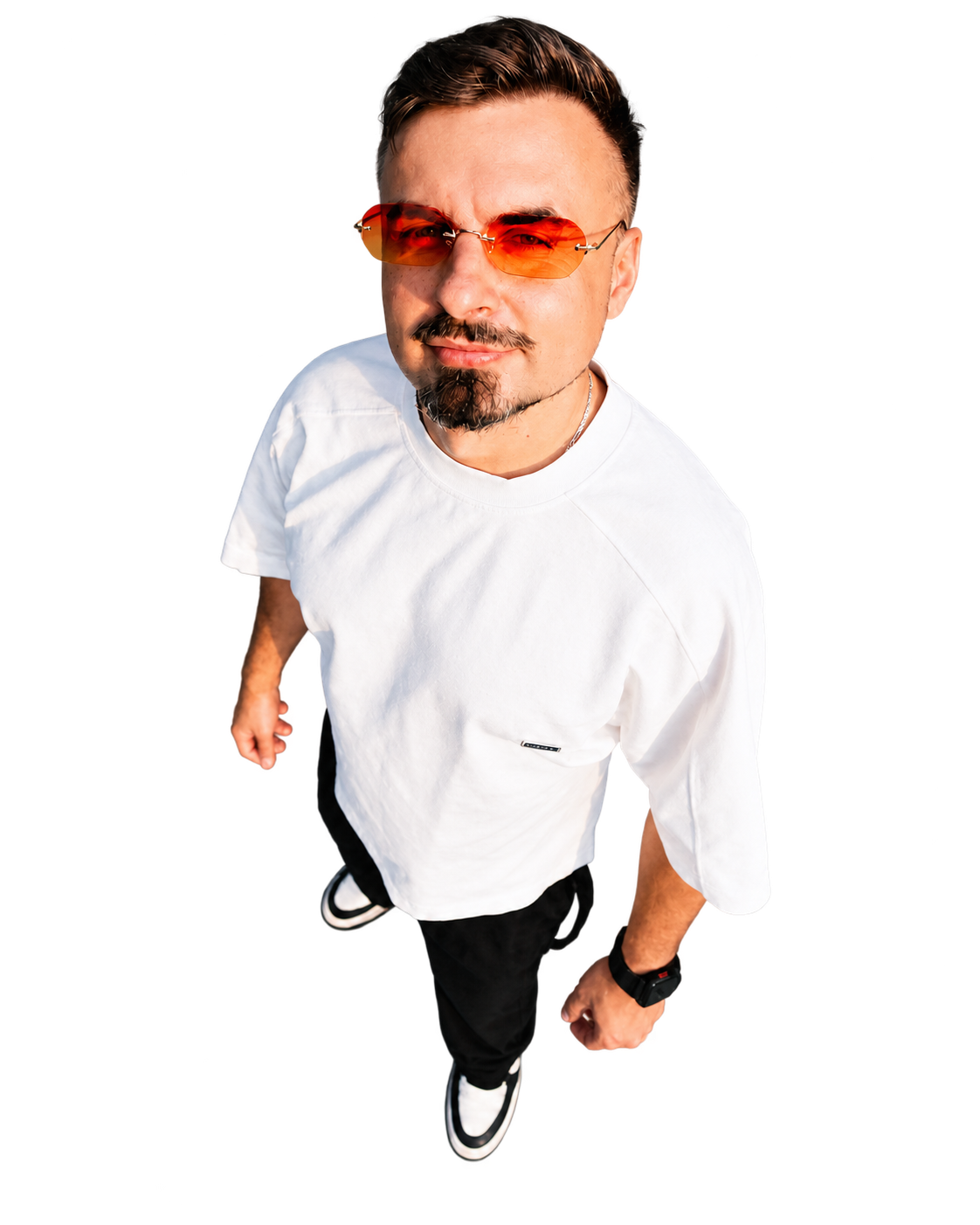 ESKUCHE in orange sunglasses over the cloud collage